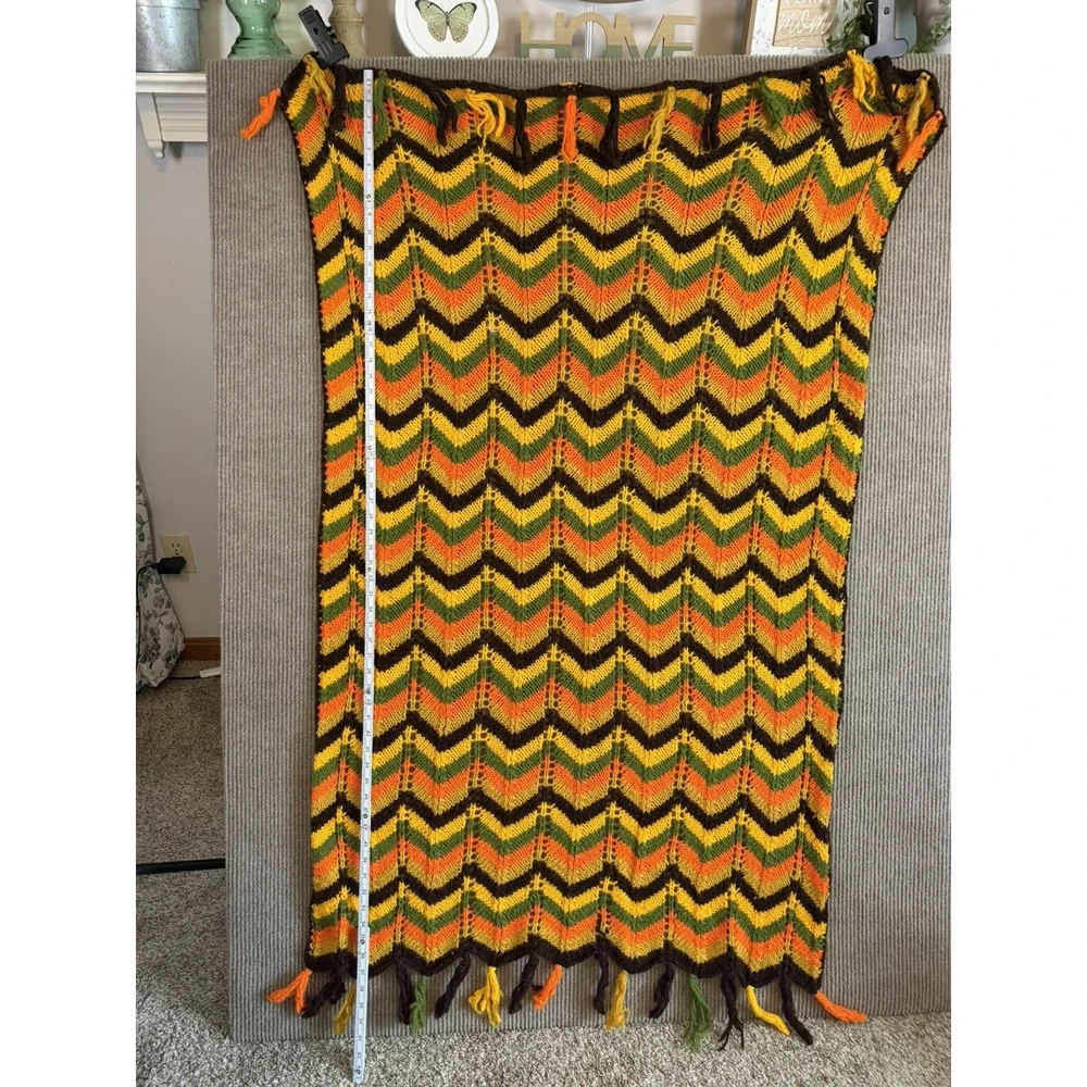 VTG Afghan Chevron Crochet Zig Zag Throw Yellow Orange That 70's Show Boho Retro